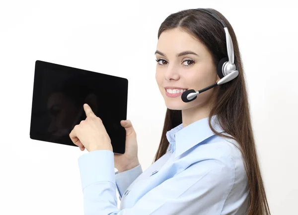 Contact us, customer service operator woman pointing digital tab — Stock Photo, Image