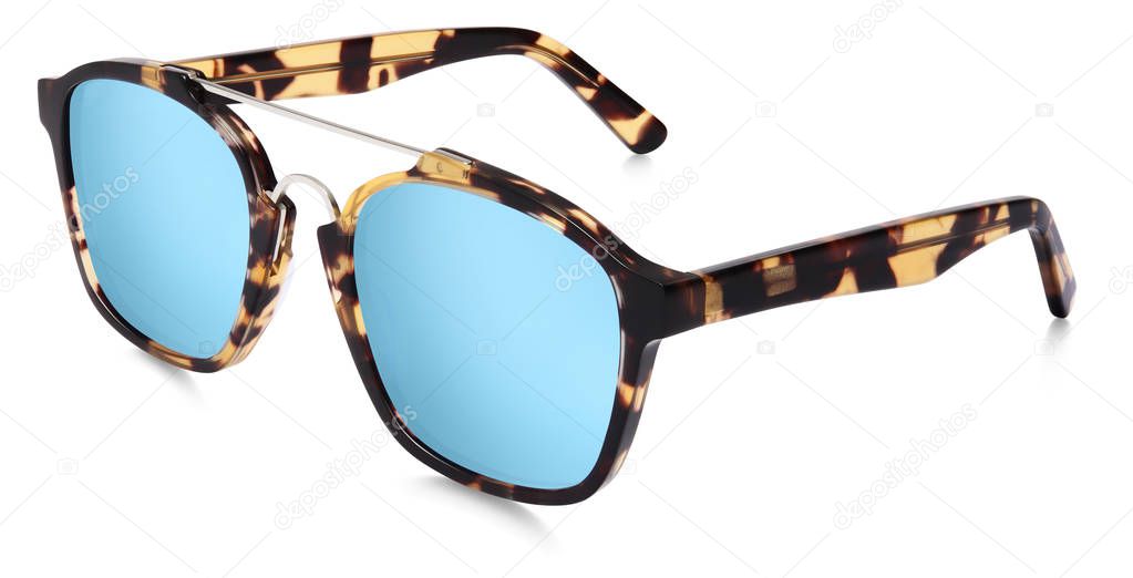 sunglasses spotted brown, blue mirror lenses isolated on white b