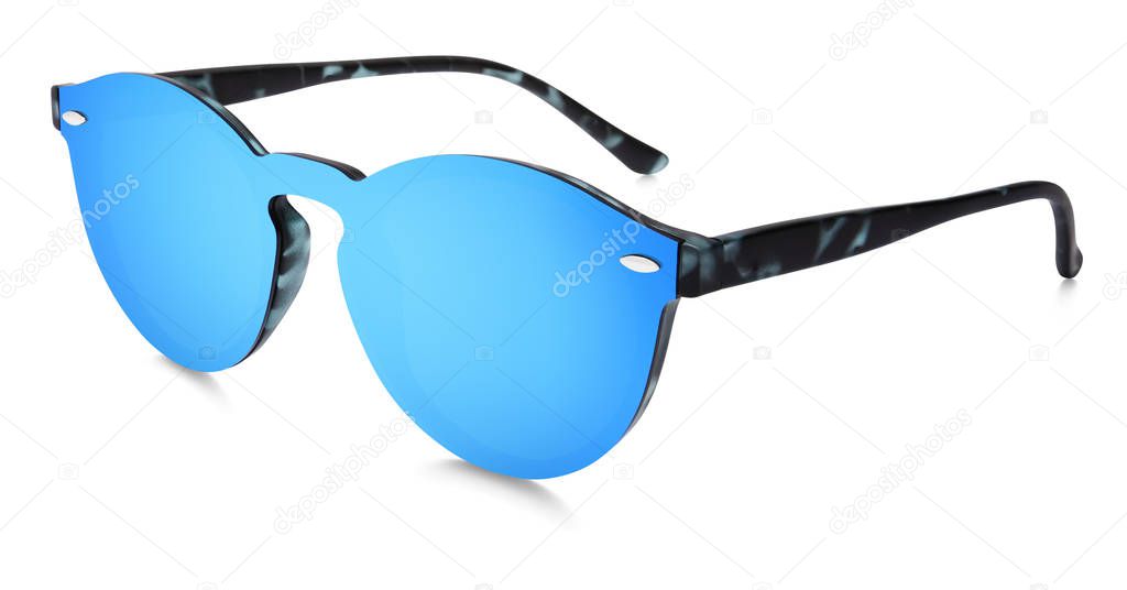 spotted sunglasses blue mirror lenses isolated on white backgrou