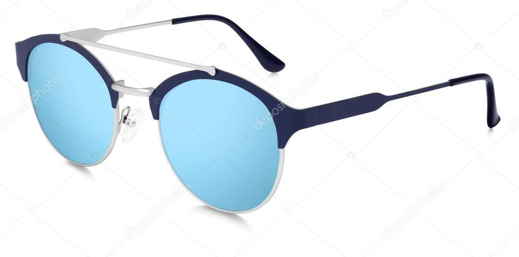 silver sunglasses blue mirror lenses isolated on white backgroun