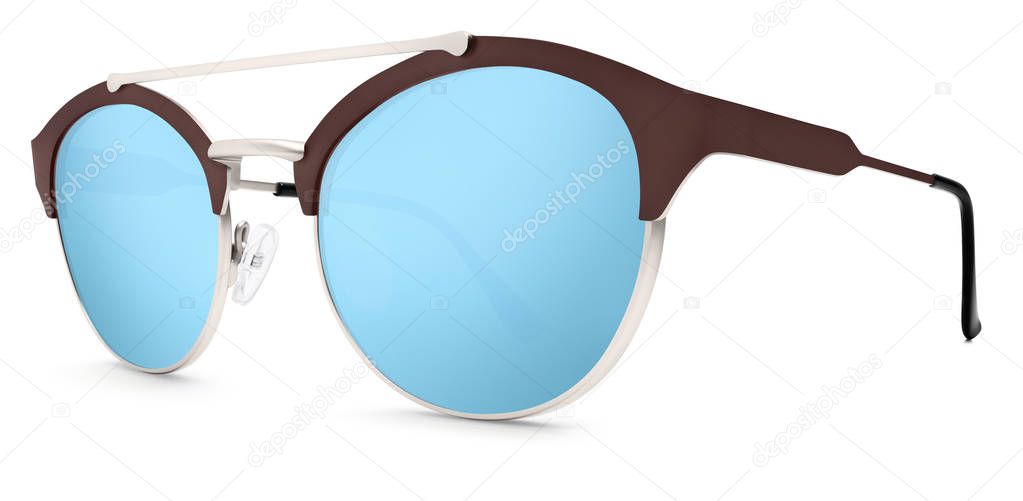 silver and brown sunglasses blue mirror lenses isolated on white
