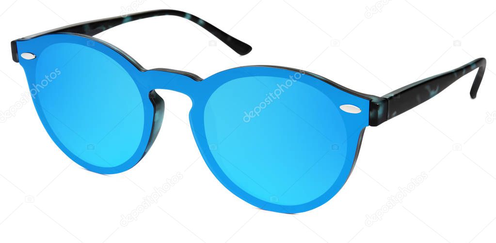 spotted sunglasses blue mirror lenses isolated on white backgrou