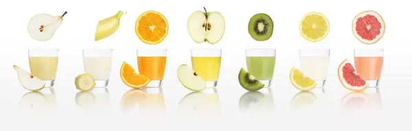 水果果汁眼镜上白色的背景下，孤立的饮食概念和全景 web 横幅 — 图库照片