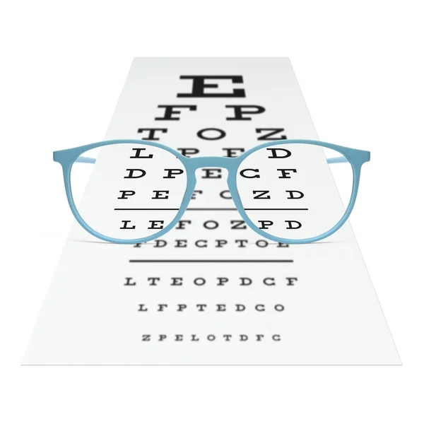 Blaue Brille auf visuellem Testdiagramm isoliert auf weiß. Sehkraft — Stockfoto