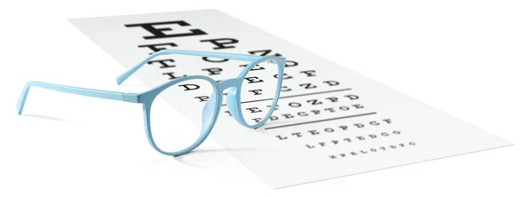 Óculos azuis no gráfico de teste visual isolados em branco. Visão. — Fotografia de Stock