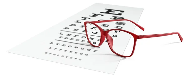 Óculos vermelhos na carta de teste visual isolados em branco. Visão. — Fotografia de Stock