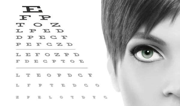 Блакитні очі крупним планом на візуальній тестовій діаграмі, огляді зору та очей — стокове фото