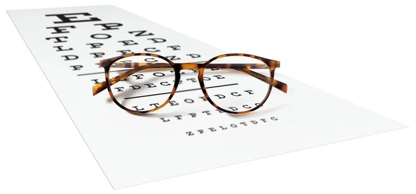 Occhiali maculati sulla carta dei test della vista isolati su bianco. occhio — Foto Stock
