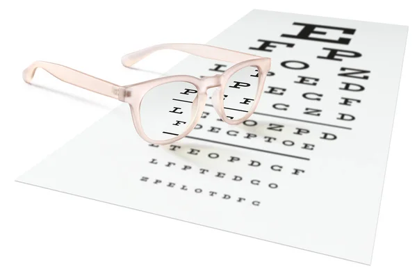 Gafas de color rosa en la tabla de pruebas visuales aisladas en blanco. Visión visual — Foto de Stock