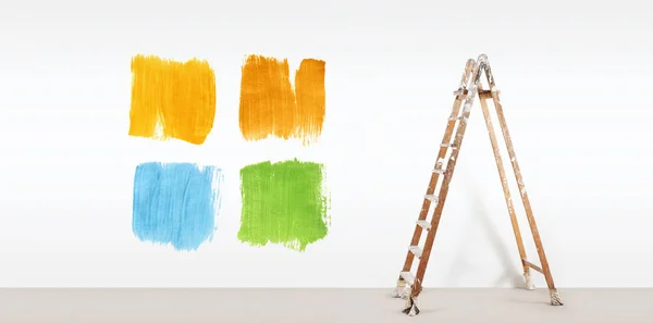 Boya ile ressam merdiveni örnekleri, boş beyaz izole renkler — Stok fotoğraf