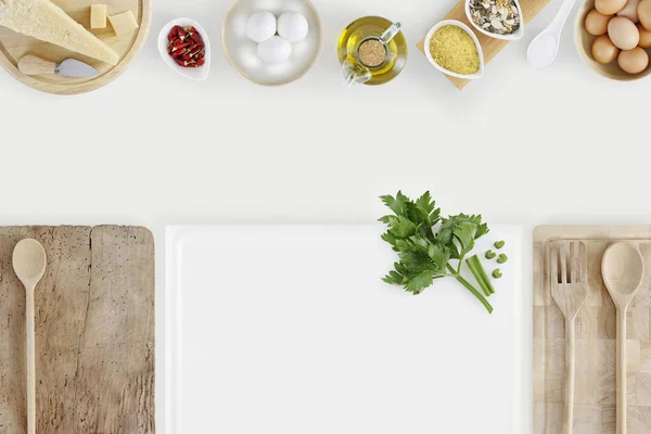 Concepto de alimentación saludable con tablas de cortar e ingredientes de cocina —  Fotos de Stock