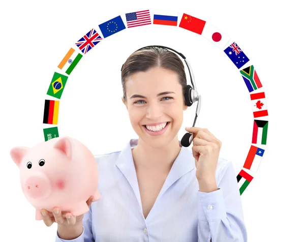 Mujer sonriente con auriculares, banderas y alcancía, transferencia de dinero —  Fotos de Stock