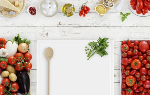 Comida conceito de cozinha acima, placa de corte branco com legumes , — Fotografia de Stock