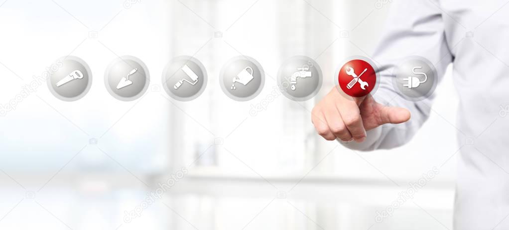 hand pushing on a touch screen interface repair symbol icon, web