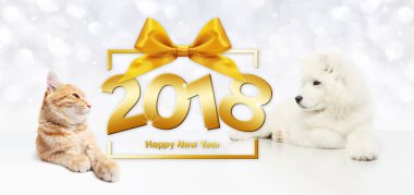 hayvanlar mutlu yeni yıl kavramı, kedi ve köpek Hediyelik kutu çerçeve 