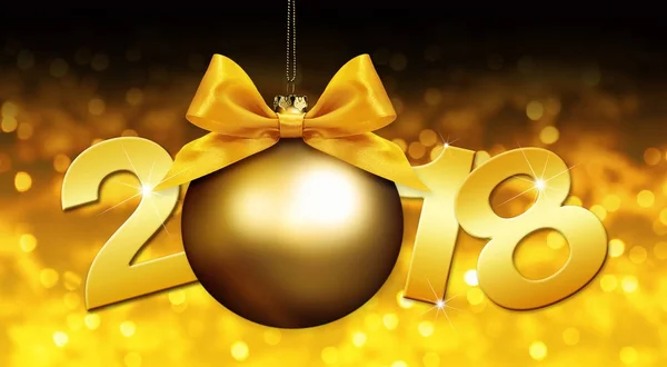 Bonne année boule de Noël avec ruban d'or arc et 2018 texte — Photo