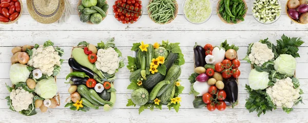 Verduras vista superior en la cocina mesa de madera blanca, banner web —  Fotos de Stock