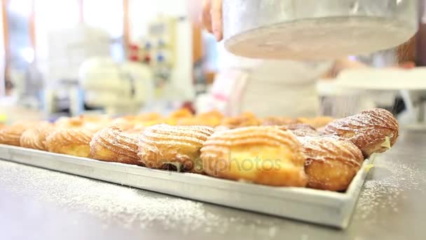 Pastry chef prepare sweets sprinkle with icing sugar in confectionery — Stock Video