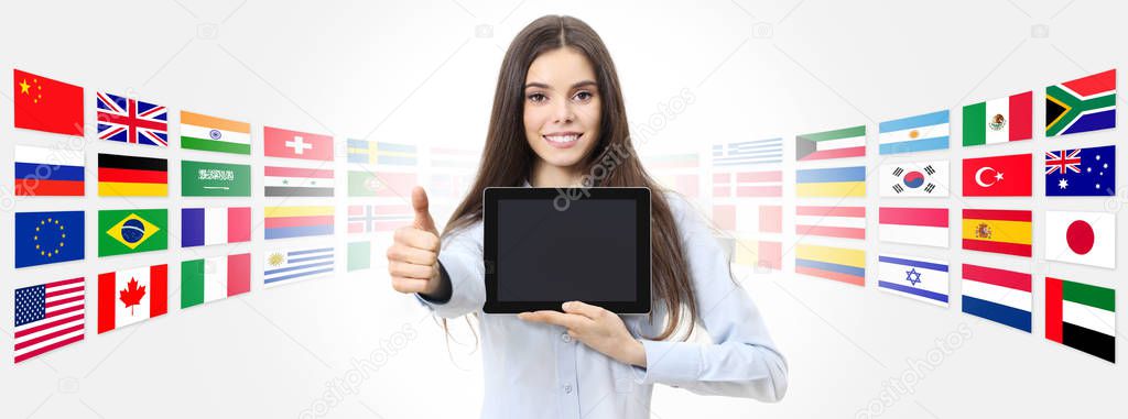 international language school concept smiling woman with like th