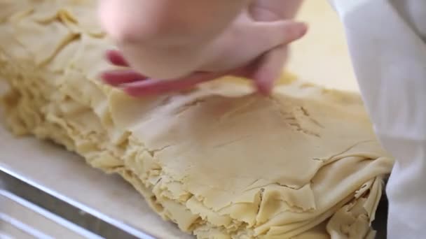 Mãos pasteleiro chef que prepara um bolo de frutas — Vídeo de Stock