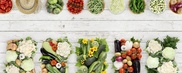 Vegetables top view on kitchen white wooden table, web banner co — Stock Photo, Image
