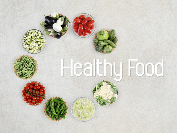 healthy food text top view vegetables isolated on marble kitchen