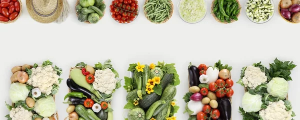 Vegetables top view on kitchen white table, web banner copy spac — Stock Photo, Image