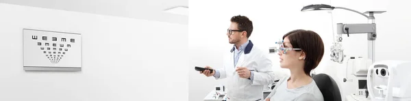 Woman in the optometrist office examining her eyesight, he is po — Stock Photo, Image