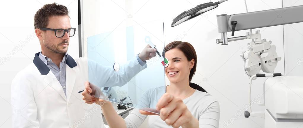 optometrist examining eyesight, woman patient pointing at the ho