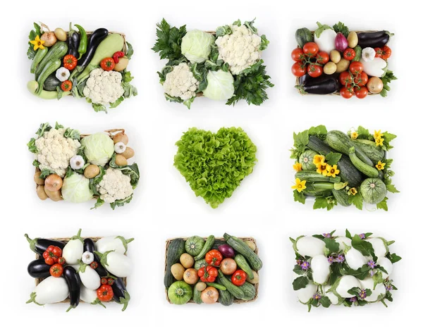 Vegetables top view basket with heart shape lettuce isolated on — Stock Photo, Image