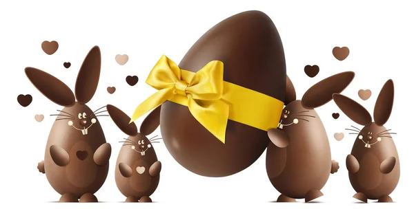 Coelhinhos de Páscoa de chocolate com ovo e fita dourada arco isolado — Fotografia de Stock