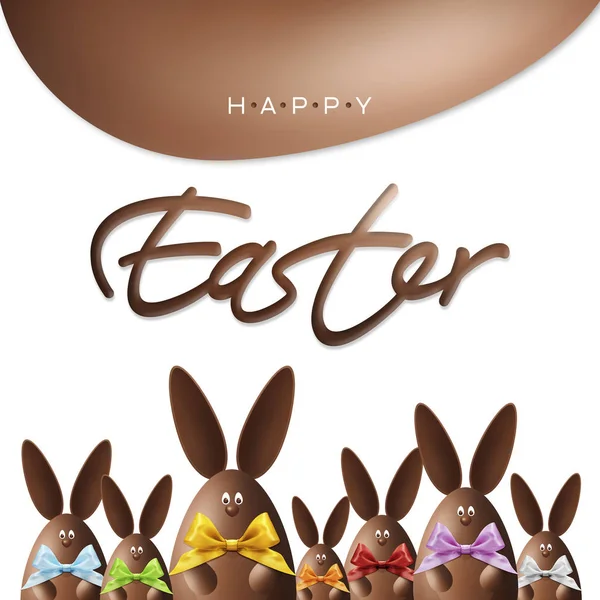 Feliz páscoa presente cartão, coelhos de chocolate com fitas arcos em v — Fotografia de Stock