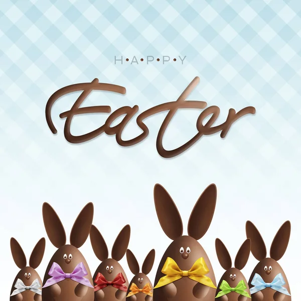 Feliz páscoa presente cartão, coelhos de chocolate com fitas arcos em v — Fotografia de Stock