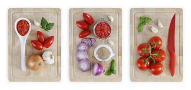 domates, soğan, sarımsak, fesleğen ve s ile kesme tahtası seti