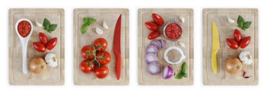 domates, soğan, sarımsak, fesleğen ve s ile kesme tahtası seti
