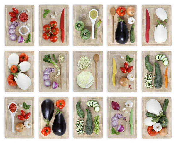 Csoportja, vágódeszkák, sok zöldséggel, elszigetelt fehér bac — Stock Fotó