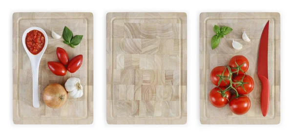 Ensemble de planches à découper avec tomates, oignons, ail, basilic et s — Photo