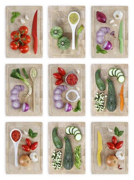 Conjunto de tábuas de corte com muitos vegetais isolados em bac branco — Fotografia de Stock