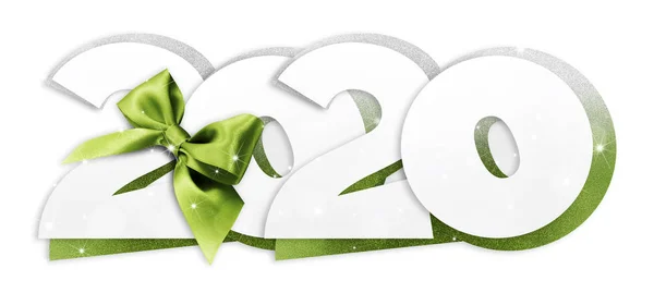 2020 Happy New Year text with green ribbon bow isolated on white — Stock Photo, Image