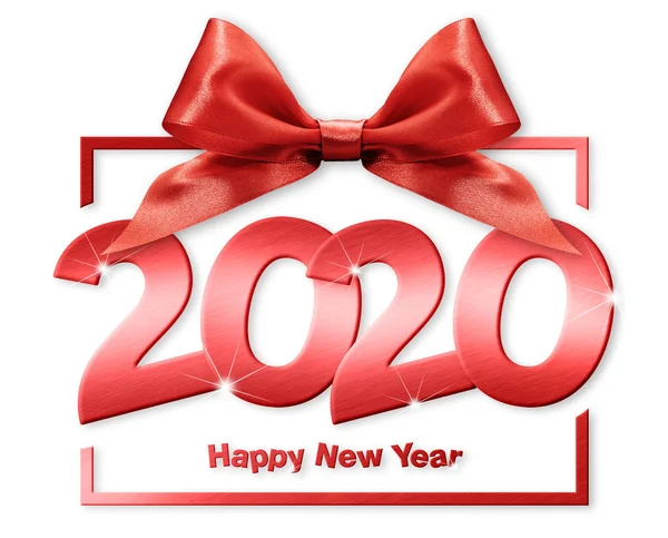 2020 happy new year number text in box frame with red ribbon bow — Stock Photo, Image