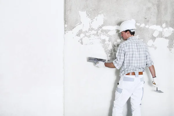 Yesero Hombre Trabajo Con Paleta Enyesado Pared Obra Interior Desgaste — Foto de Stock