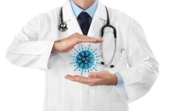 Концепція Захисту Від Корона Вірусу Років Руки Лікаря Синім Значком — стокове фото