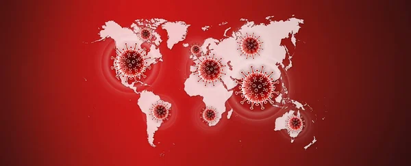 コロナウイルスCovid 19保護コンセプト赤い背景の世界地図上のCovidシンボル コピースペースとウェブバナーテンプレート — ストック写真