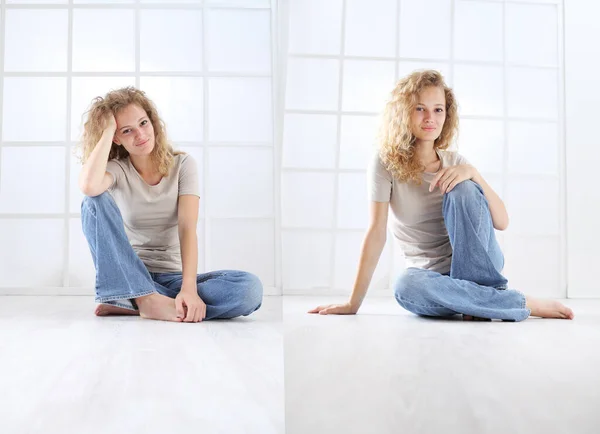Portrait Young Woman Sitting Floor Dressed Casual Curly Long Red — Stock Photo, Image