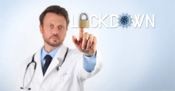 Orvos Érintőképernyő Írott Lezárás Szöveget Lakat Kék Koronavírus Szimbólum Ikon — Stock Fotó