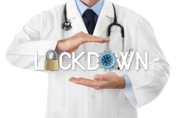 Läkare Händer Med Lockdown Text Hänglås Och Blå Korona Virus — Stockfoto