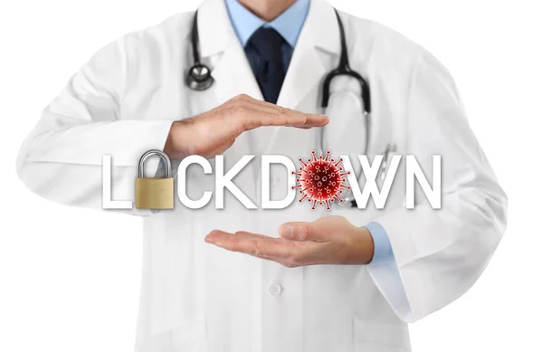 Orvos Kezek Lezárás Szöveg Lakat Piros Koronavírus Szimbólum Ikon Izolált — Stock Fotó