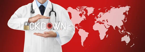 Orvos Kezek Lezárás Szöveg Lakat Koronavírus Ikon Térképen Piros Háttér — Stock Fotó