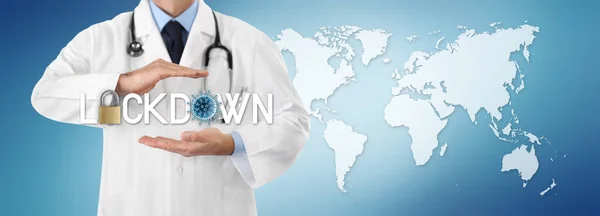 doctor hands with lockdown text padlock and corona virus icon on the world map in the blue background, copy space and web banner template