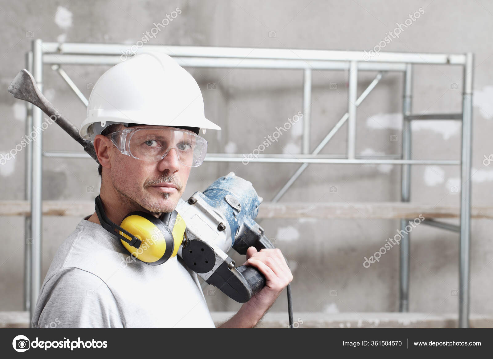 Portrait Man Construction Worker Jackhammer Safety Hard Hat Hearing